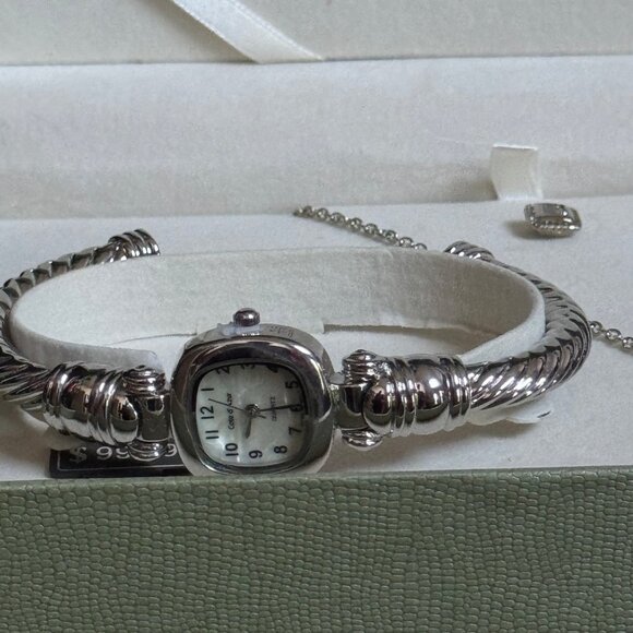 COTE D' AZUR Silver-Toned Jewelry Set Watch Necklace Earrings Clear Gemstones - Picture 3 of 16